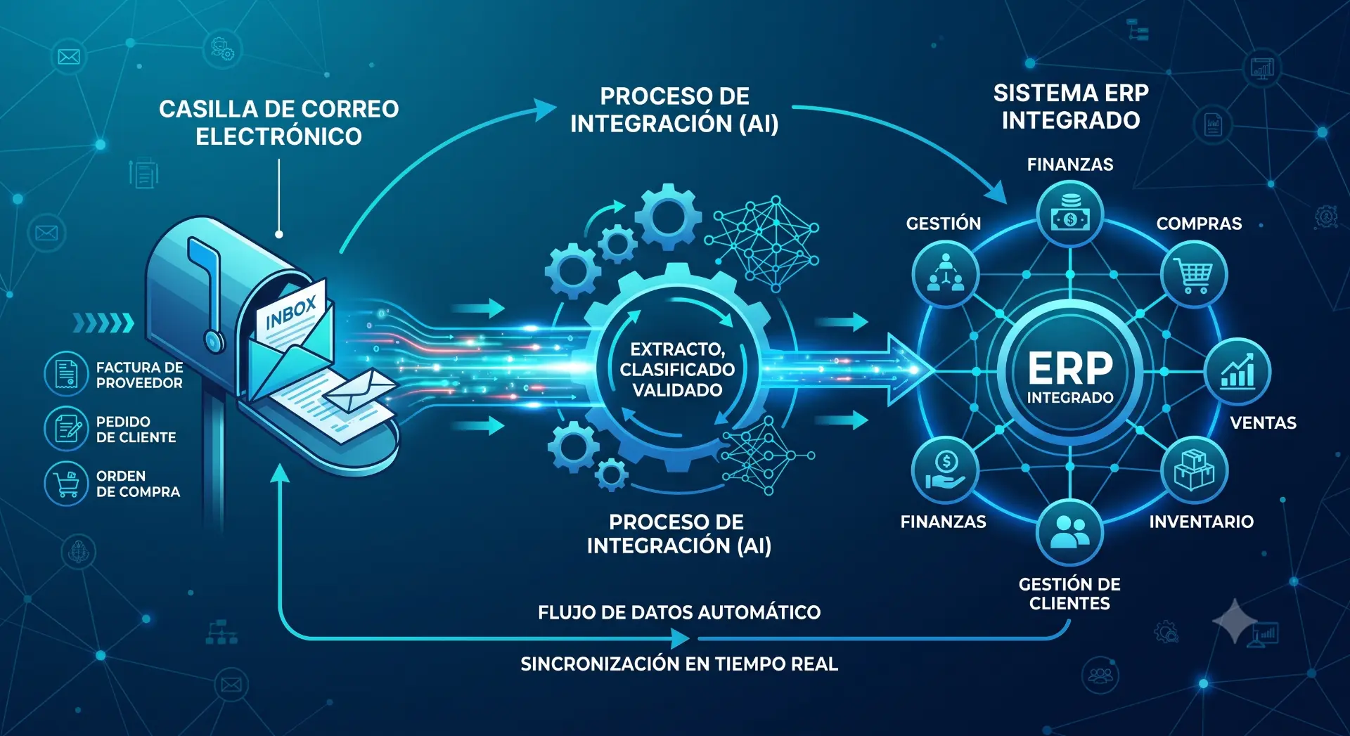 Flujo de integración de MailTask con casillas de correo, IA y ERP